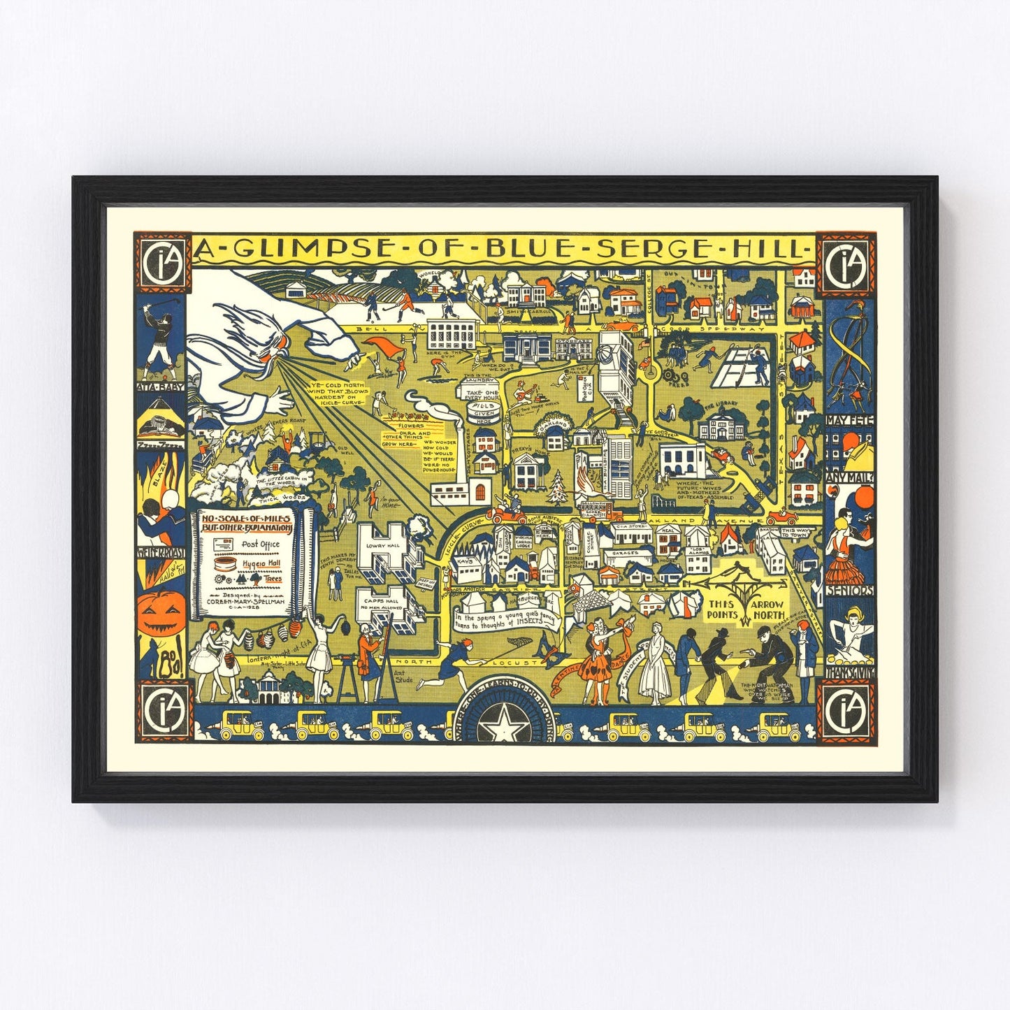 Vintage Blue Serge Hill Texas Womens University Map 1928
