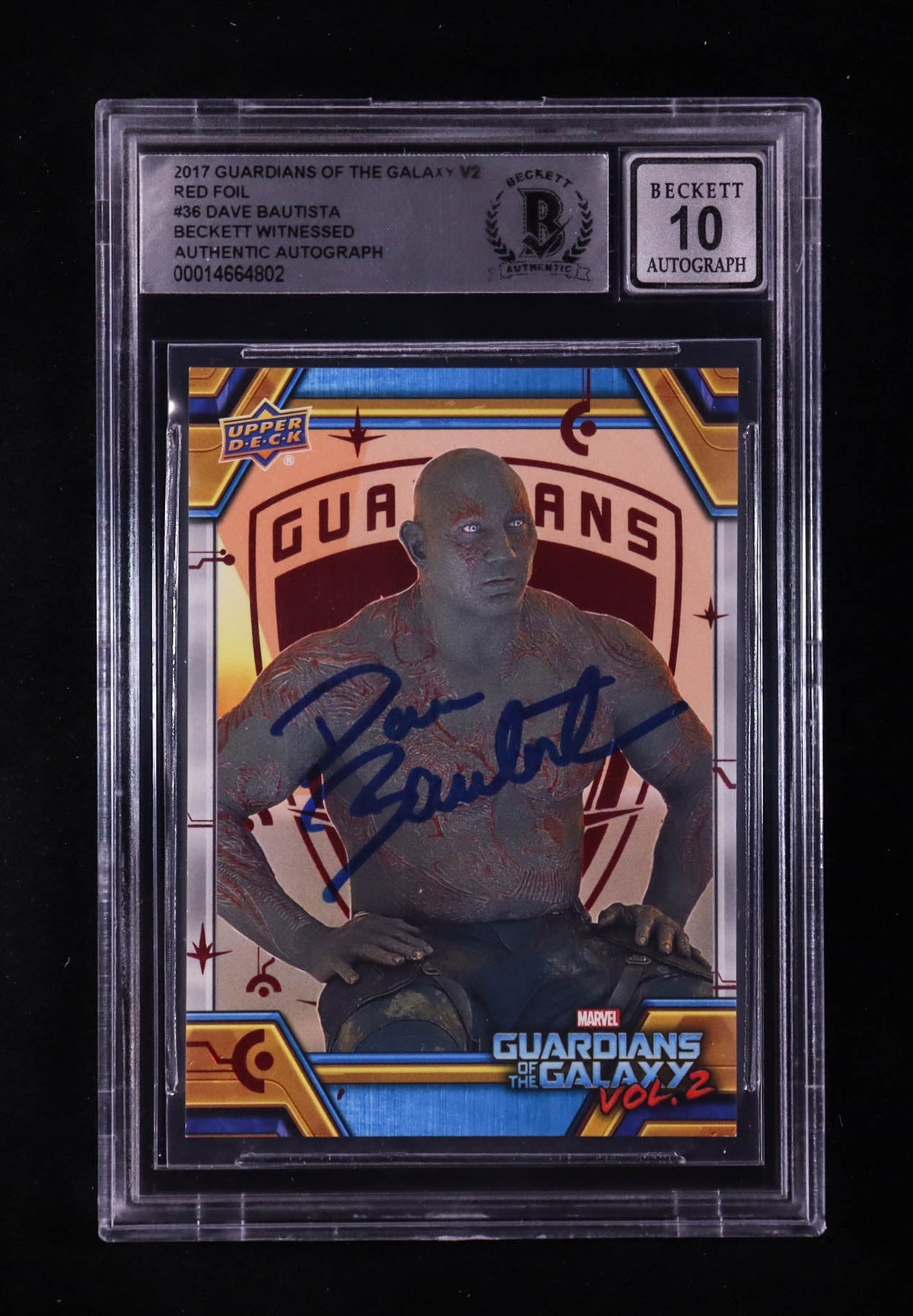 Dave Bautista Signed 2017 Guardians of the Galaxy V2 Red Foil #36 #41/49 (BGS | Auto 10) Autograph Graded 10 | Beckett Witnessed | Serially Numbered #41 / 49