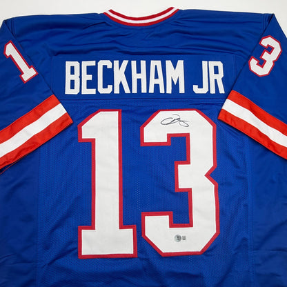Autographed/Signed Odell Beckham Jr OBJ New York Retro Blue Football Jersey Beckett BAS COA