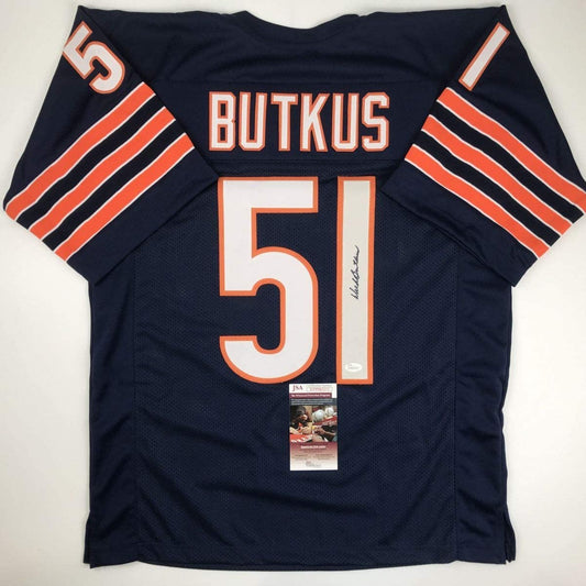 Autographed/Signed Dick Butkus Chicago Blue Football Jersey JSA COA