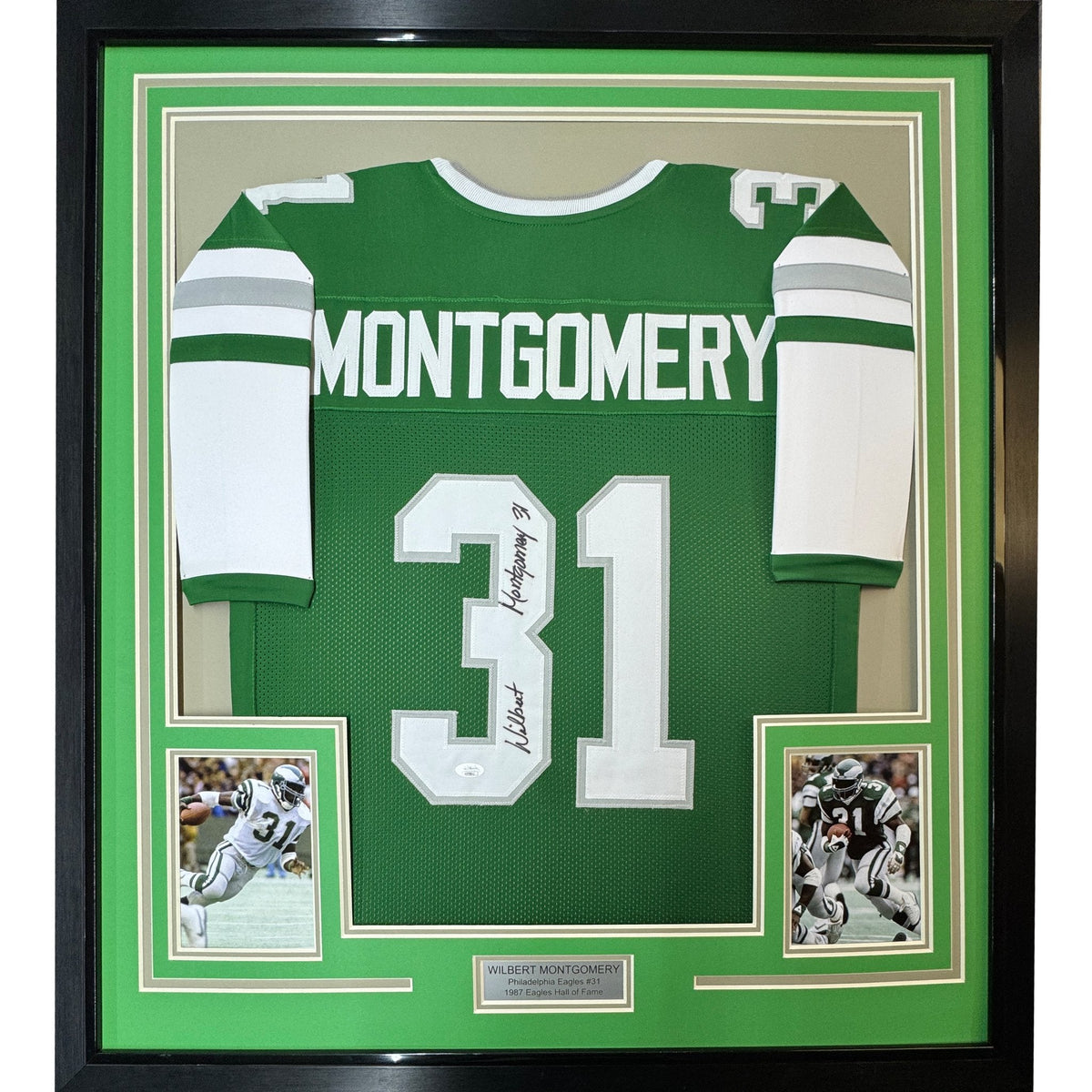 Framed Autographed/Signed Wilbert Montgomery 35x39 Philadelphia Green Football Jersey JSA COA
