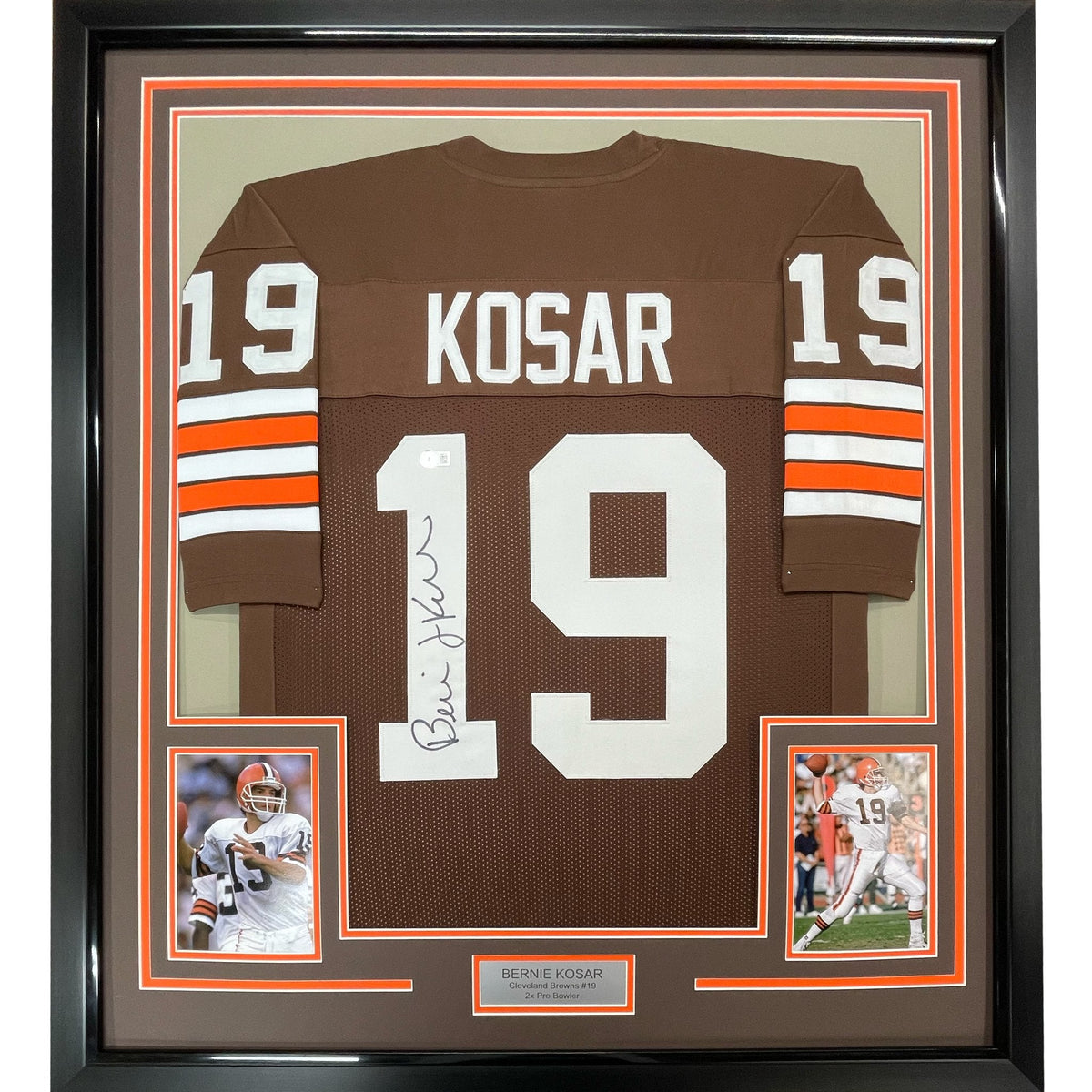 Framed Autographed/Signed Bernie Kosar 35x39 Cleveland Brown Football Jersey JSA COA