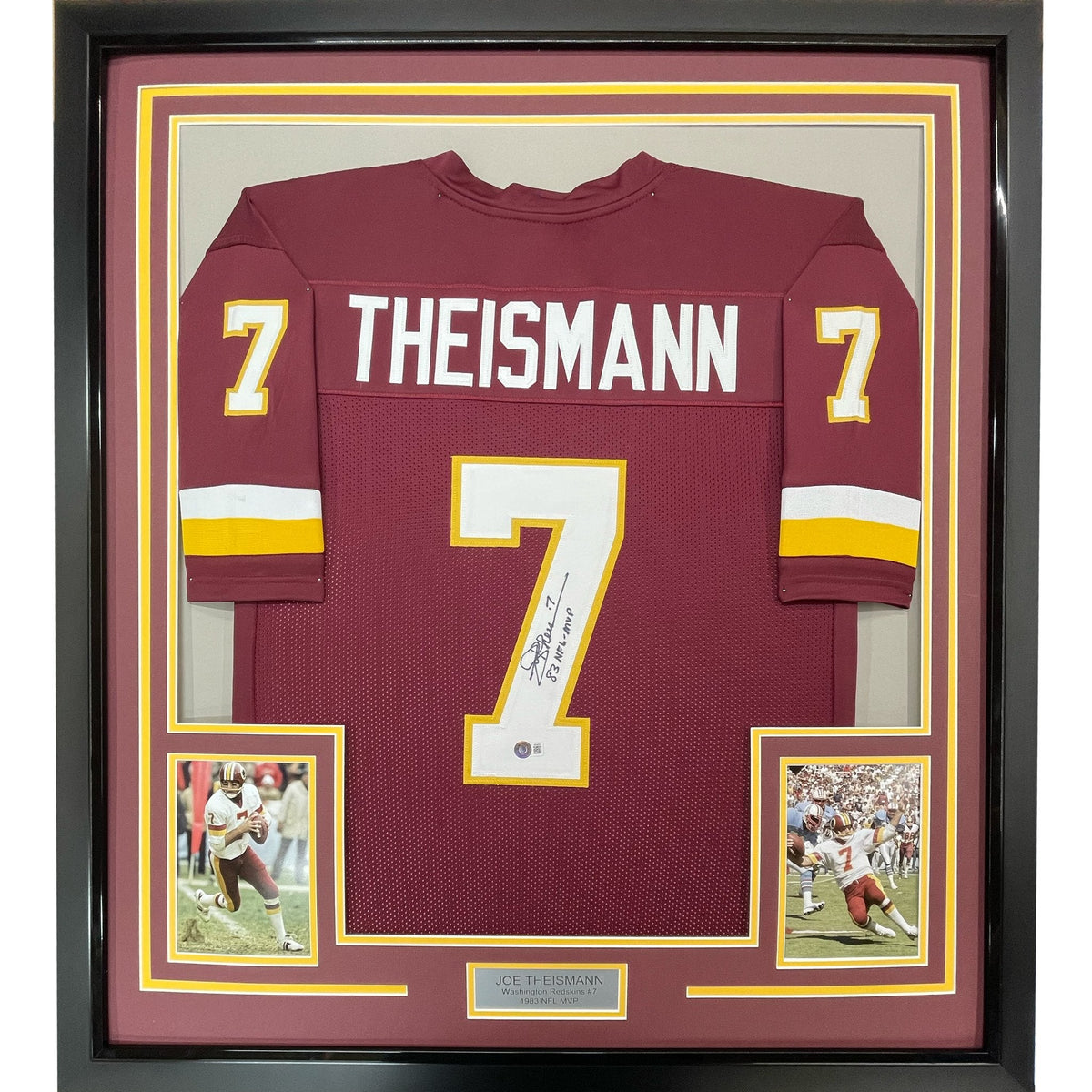 Framed Autographed/Signed Joe Theismann 83 MVP 35x39 Washington Burgundy Football Jersey Beckett BAS COA