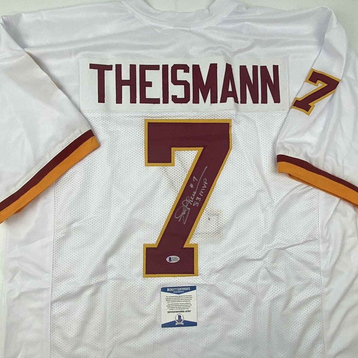 Autographed/Signed Joe Theismann 83 MVP Washington White Football Jersey Beckett BAS COA