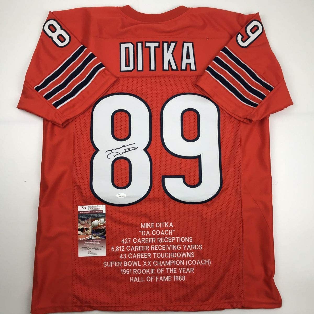 Autographed/Signed Mike Ditka Chicago Orange Stat Football Jersey JSA COA