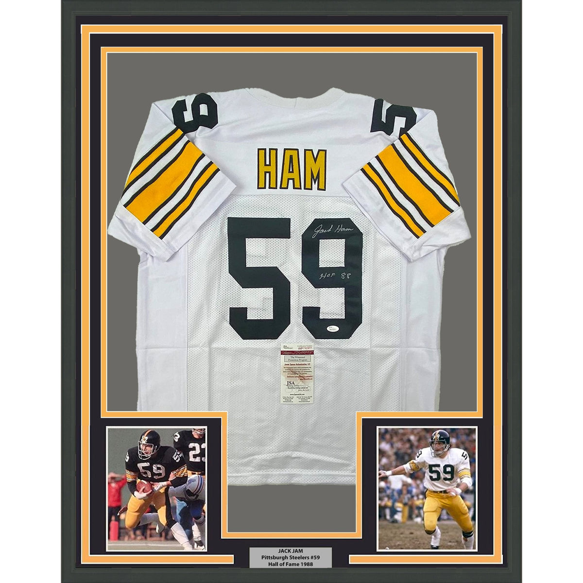 Framed Autographed/Signed Jack Ham HOF 88 35x39 Pittsburgh Steelers White Football Jersey JSA COA