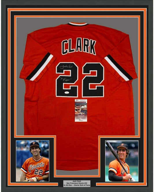Framed Autographed/Signed Jack Clark The Ripper 35x39 San Francisco Orange Baseball Jersey JSA COA