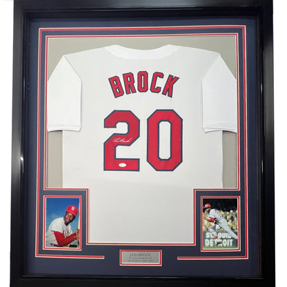 Framed Autographed/Signed Lou Brock 35x39 St. Louis White Baseball Jersey JSA COA
