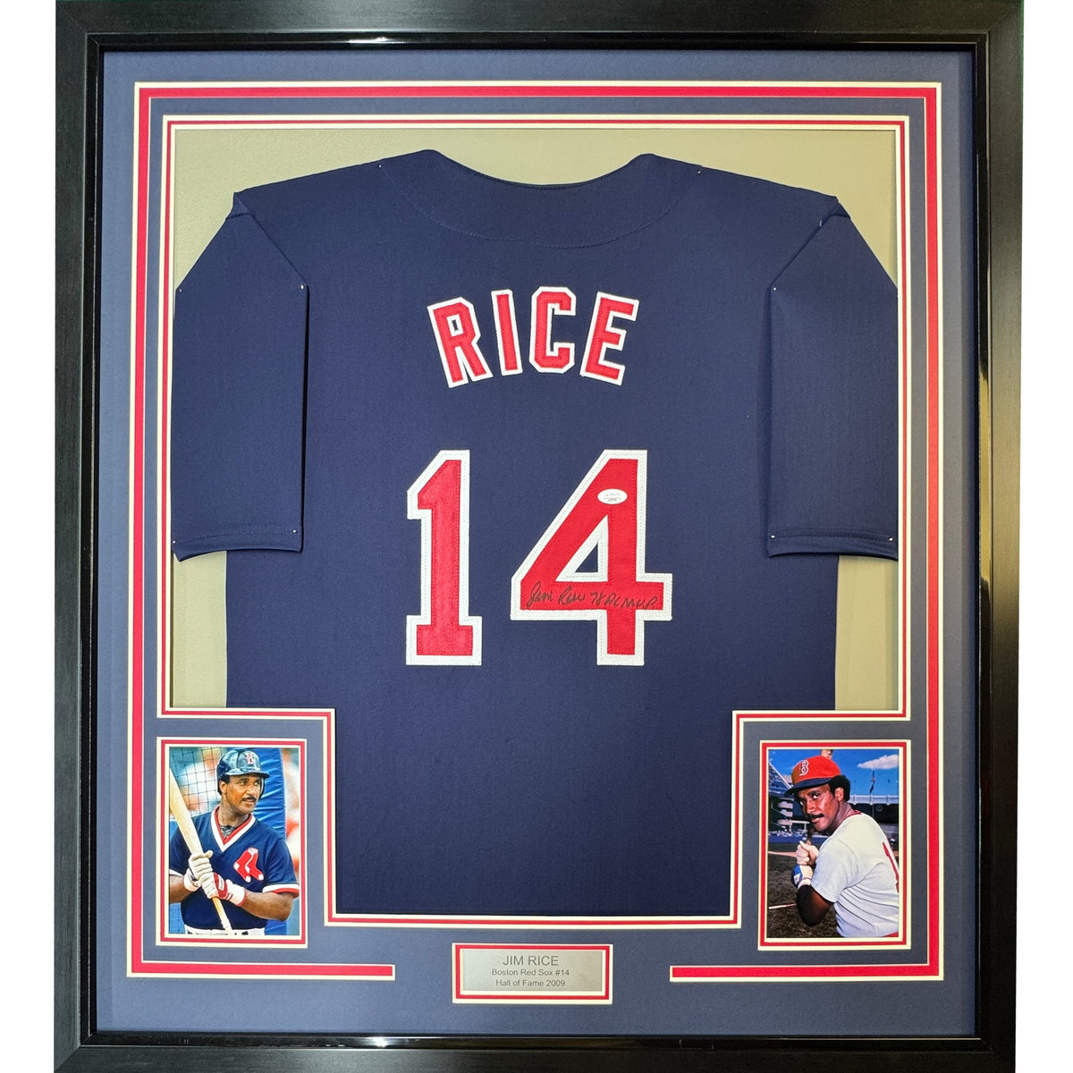 Framed Autographed/Signed Jim Rice 35x39 Boston Blue Baseball Jersey JSA COA