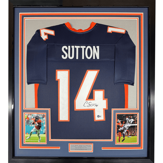 Framed Autographed/Signed Courtland Sutton 35x39 Denver Blue Football Jersey JSA COA