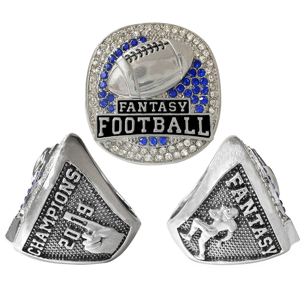 2019 Fantasy Football Championship Ring – Blue Rhinestone Champion Ring Gift for Fans