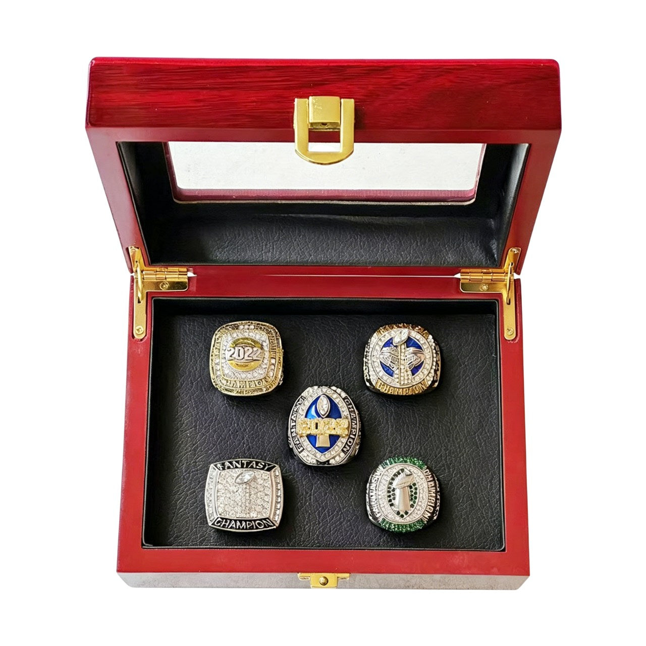 2022 Fantasy Football Champion Ring Set (5PCS) – Fan Gift Collection with Wooden Box