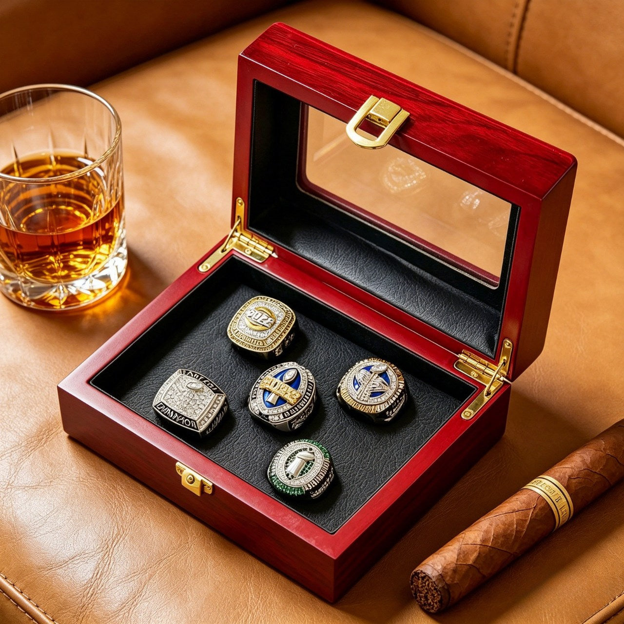 2022 Fantasy Football Champion Ring Set (5PCS) – Fan Gift Collection with Wooden Box