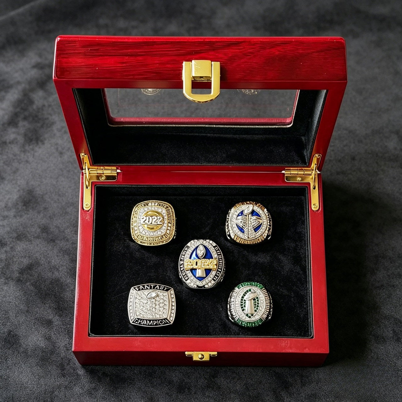 2022 Fantasy Football Champion Ring Set (5PCS) – Fan Gift Collection with Wooden Box