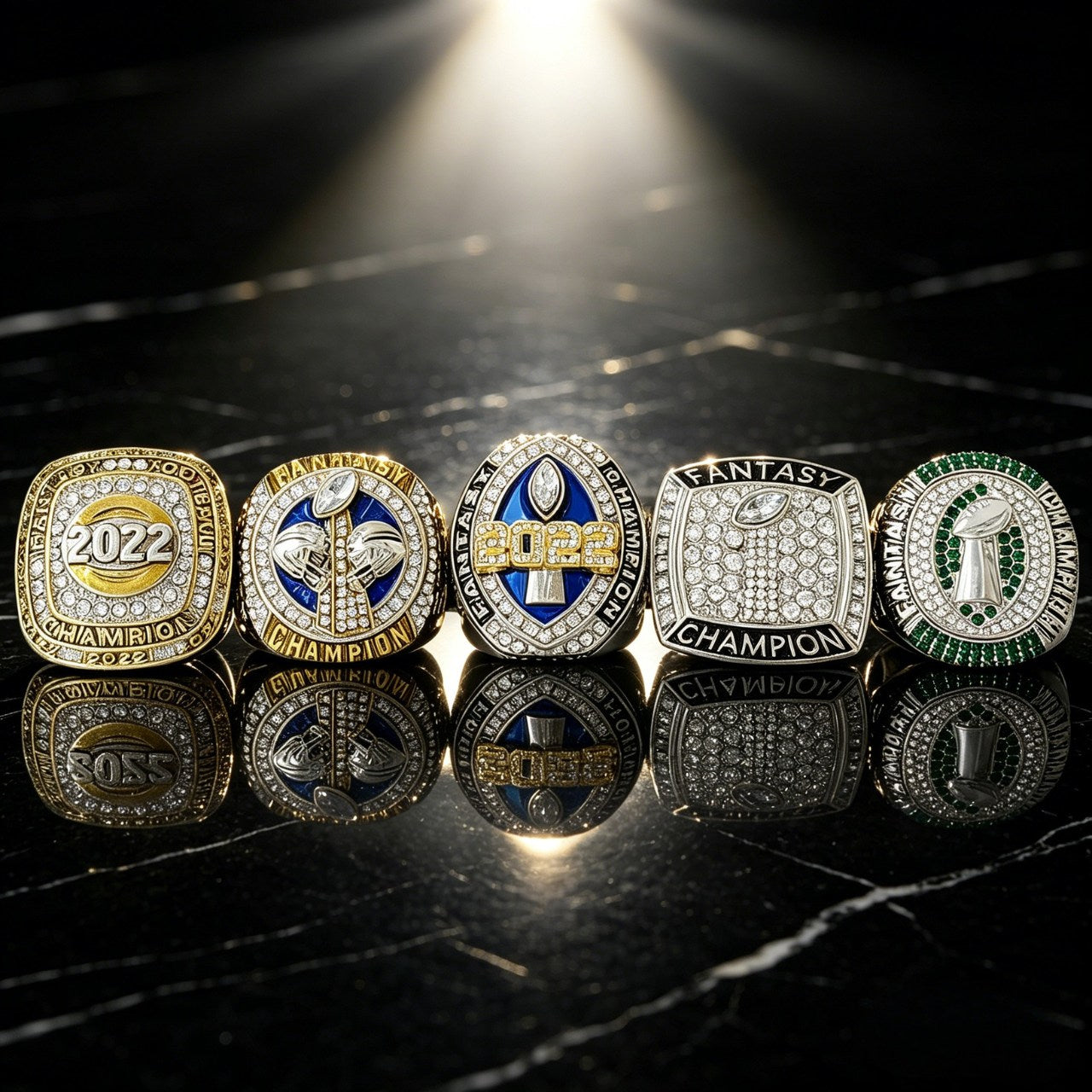 2022 Fantasy Football Champion Ring Set (5PCS) – Fan Gift Collection with Wooden Box