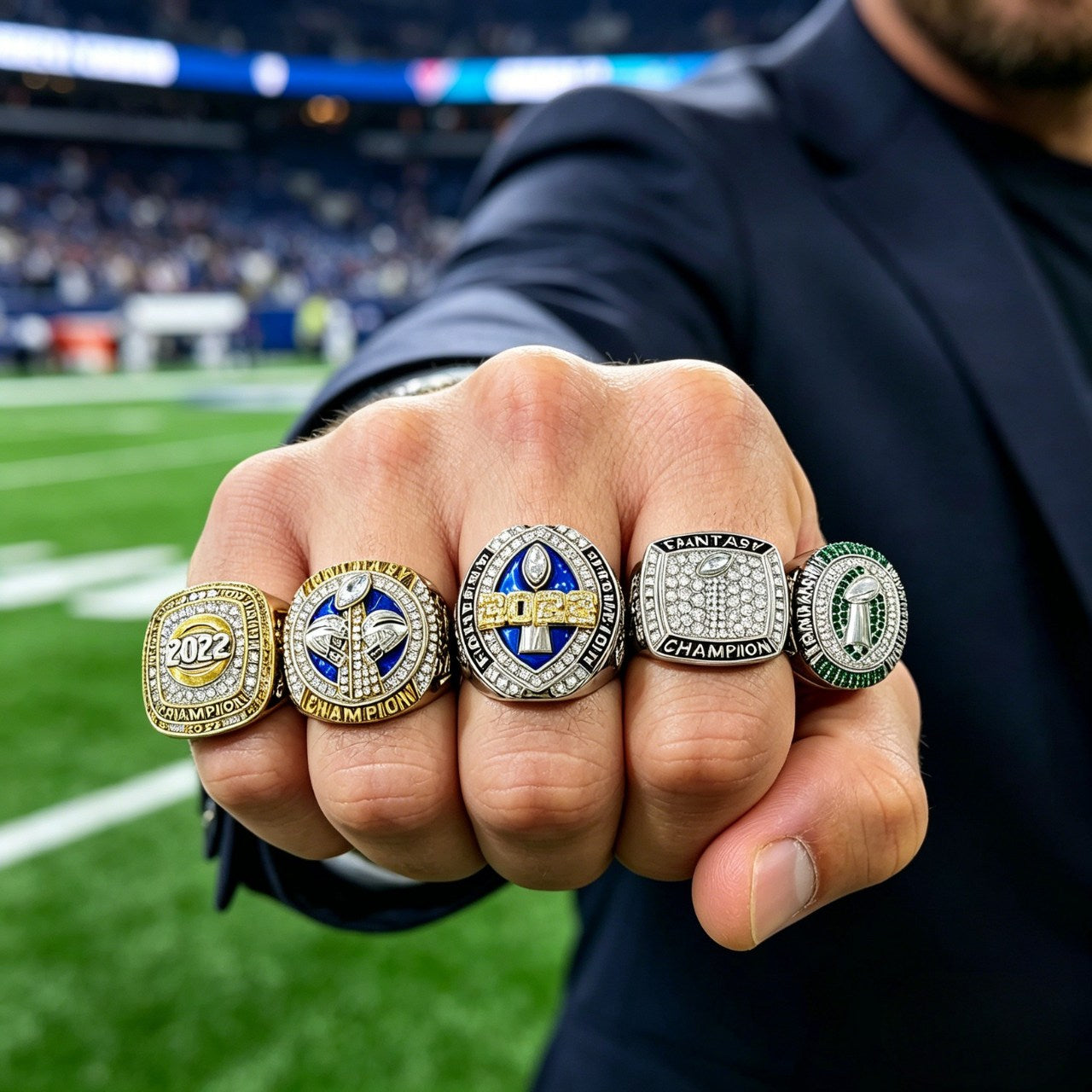 2022 Fantasy Football Champion Ring Set (5PCS) – Fan Gift Collection with Wooden Box