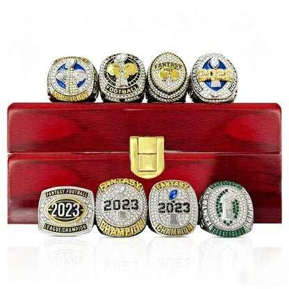 2023 Fantasy Football Champion Ring Set – 8PCS Collectible Rings with Wooden Display Box