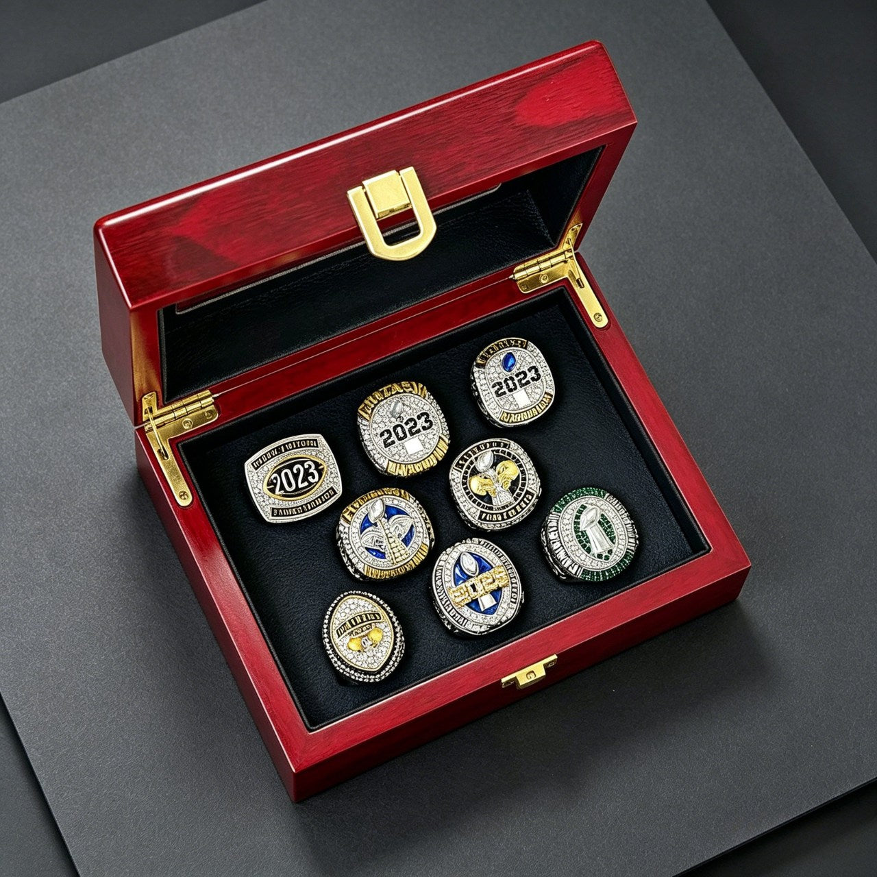 2023 Fantasy Football Champion Ring Set – 8PCS Collectible Rings with Wooden Display Box