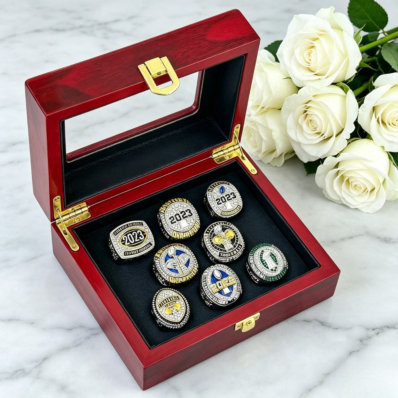 2023 Fantasy Football Champion Ring Set – 8PCS Collectible Rings with Wooden Display Box