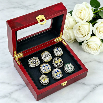 2023 Fantasy Football Champion Ring Set – 8PCS Collectible Rings with Wooden Display Box