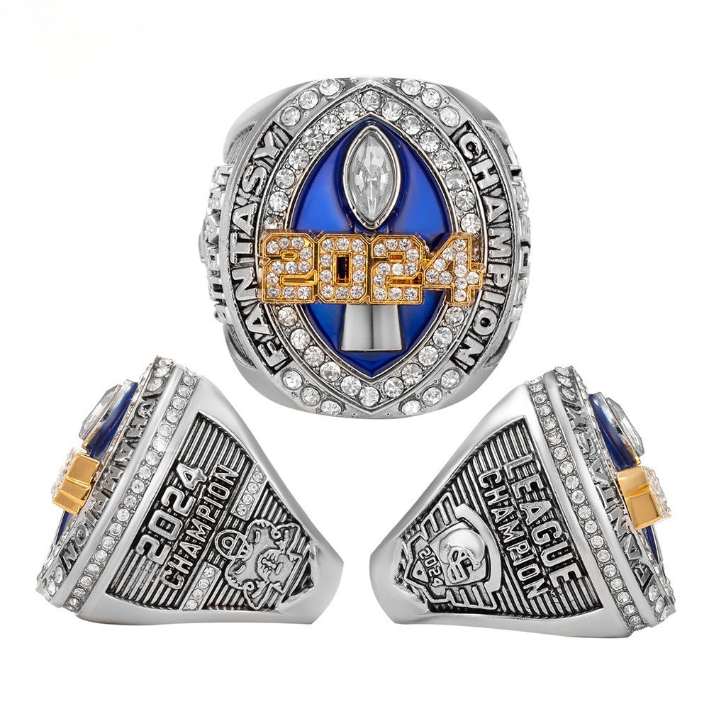 2024 FFL Fantasy Football Championship Ring – Blue & Silver Fan Replica Ring with Wooden Gift Box