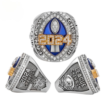2024 FFL Fantasy Football Championship Ring – Blue & Silver Fan Replica Ring with Wooden Gift Box