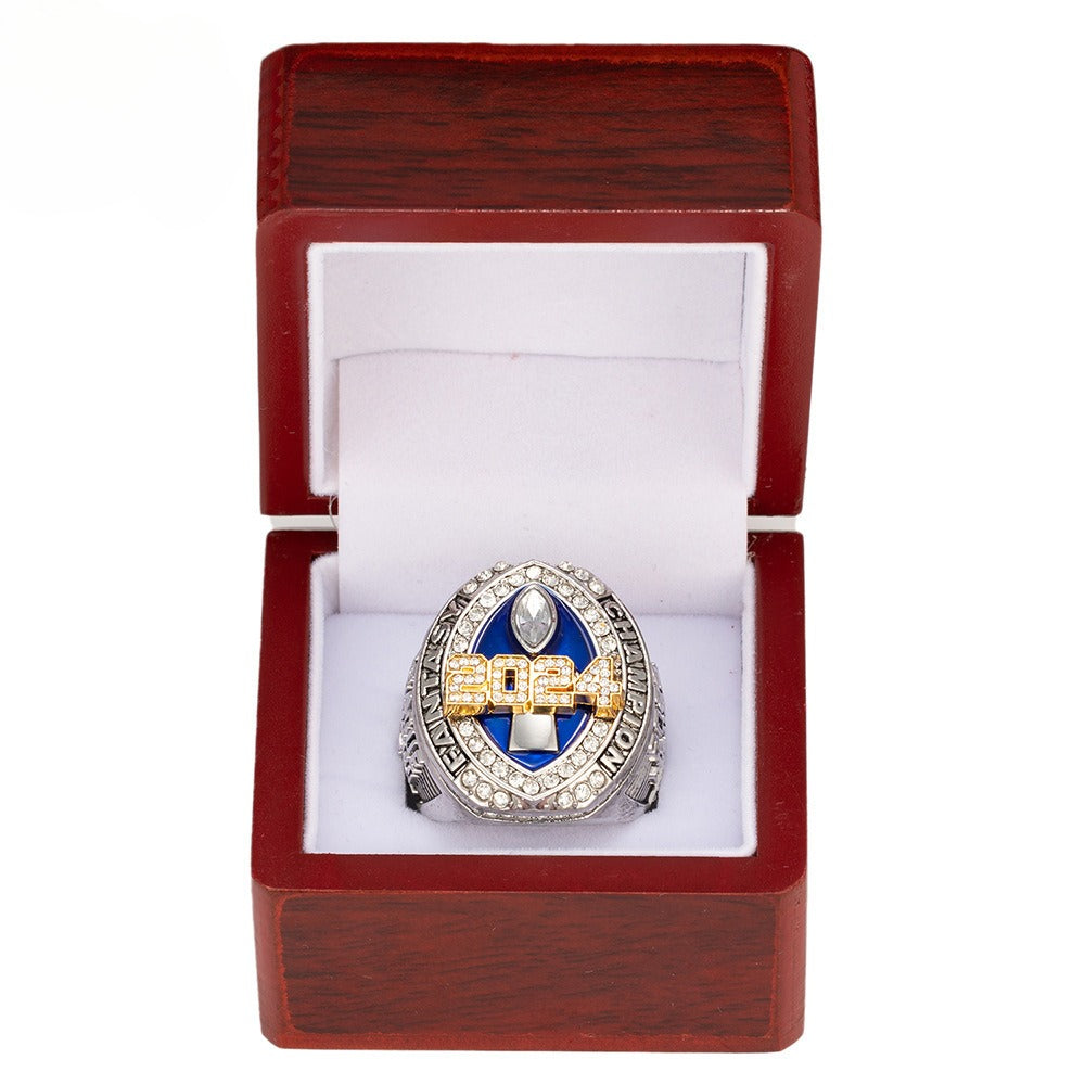 2024 FFL Fantasy Football Championship Ring – Blue & Silver Fan Replica Ring with Wooden Gift Box