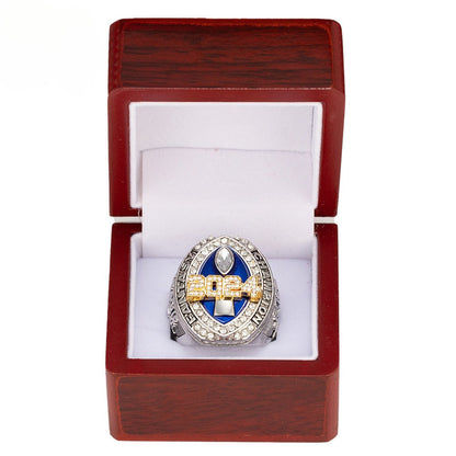2024 FFL Fantasy Football Championship Ring – Blue & Silver Fan Replica Ring with Wooden Gift Box
