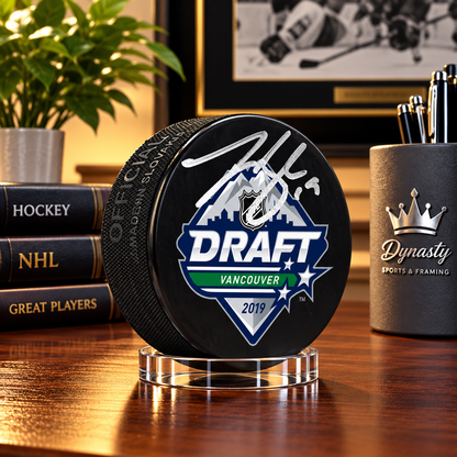 Johnny Beecher Autographed Boston Bruins 2019 Draft Hockey Logo Puck - Silver Signature