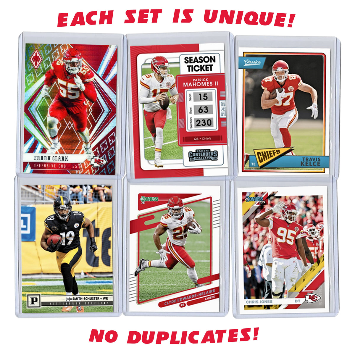 Kansas City Chiefs Super Bowl LVII Football Card Bundle, Set of 6 Assorted Patrick Mahomes Travis Kelce Juju Smith Schuster Edwards Helaire Clark Jones Football Cards Protected by Sleeve and Toploader