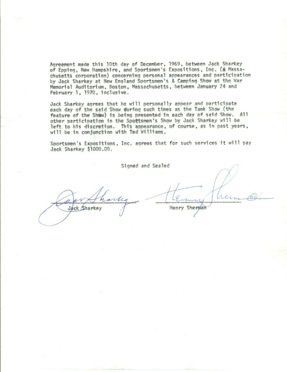 Jack Sharkey signed autographed Appearance contract Fly Fishing  Boxer  JSA