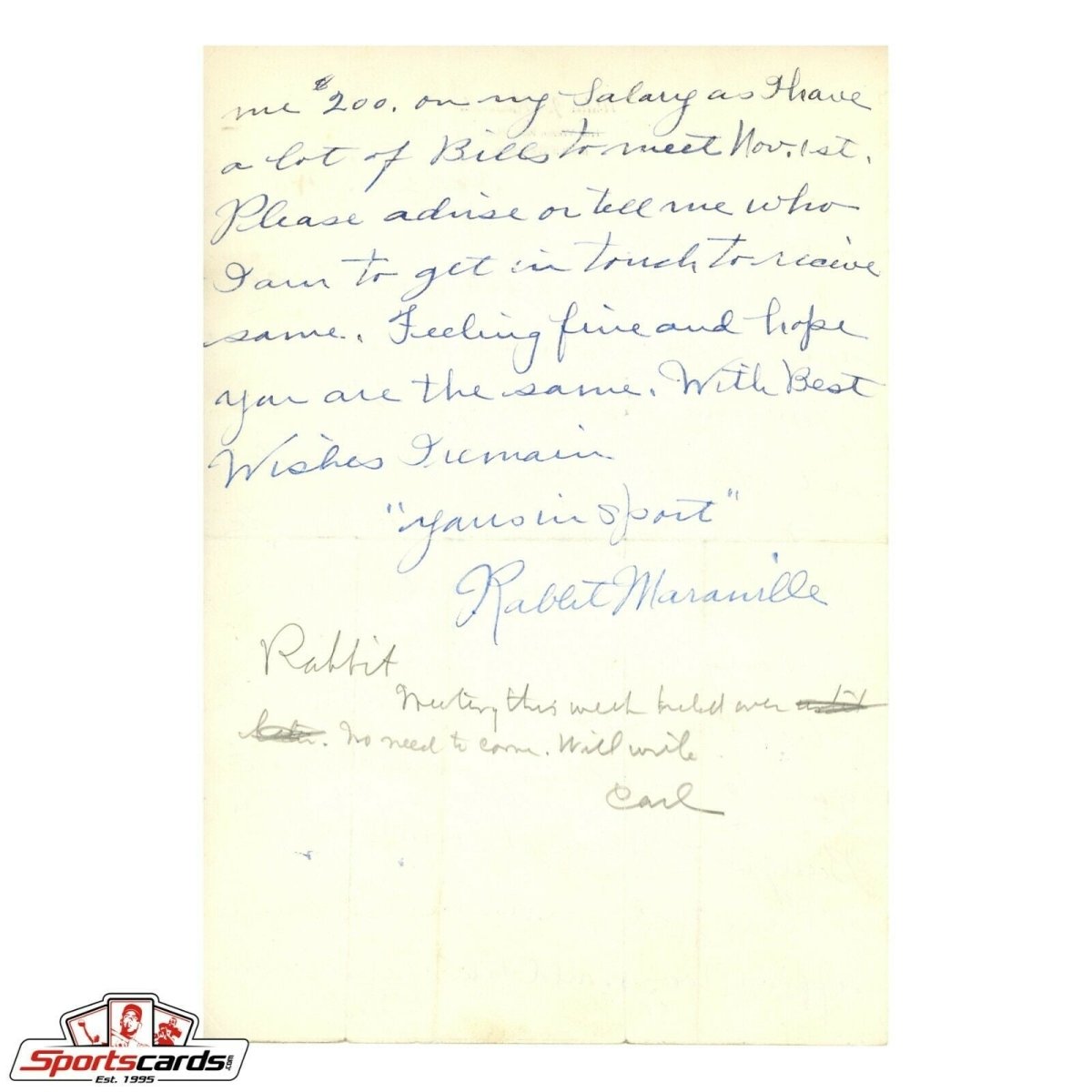 Rabbit Maranville Signed Autographed Handwritten Letter HOF