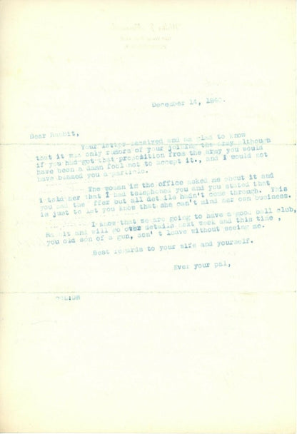 Rabbit Maranville Signed Autographed Handwritten Letter HOF