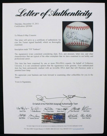 Jim Turner Signed OAL Baseball New York Yankees D.1998 PSA LOA