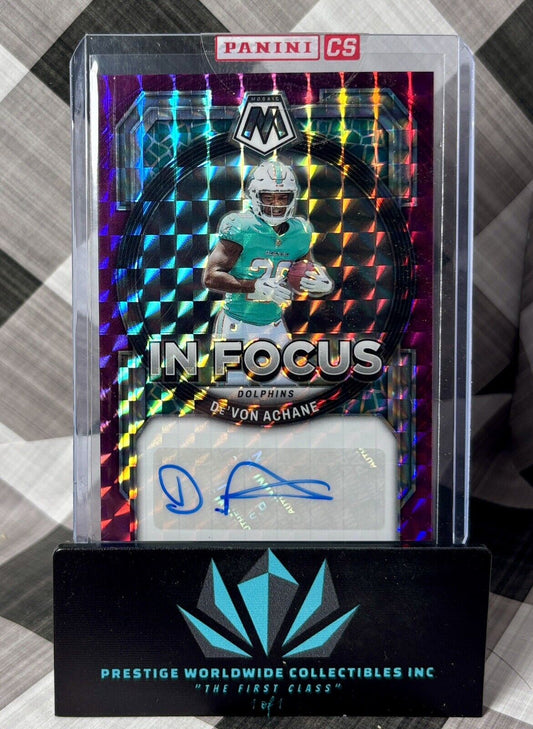Devon Achane 2023 Mosaic In Focus Purple Auto /49 #IF-DAC Miami Dolphins RC
