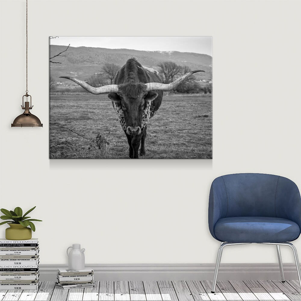 Texas Longhorn Black & White Canvas Wall Art, Ranch Art, XL Wall Art, Ranch Style Home Decor, Black and White Texas Longhorn
