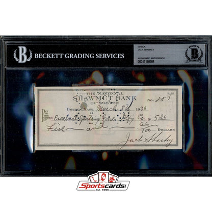 Jack Sharkey Signed Autographed Check BGS JSA