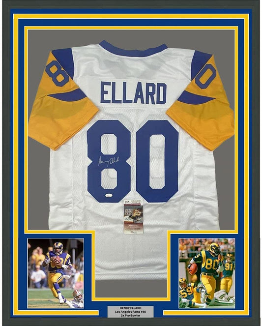 Framed Autographed/Signed Henry Ellard 35x39 Los Angeles LA White Football Jersey JSA COA