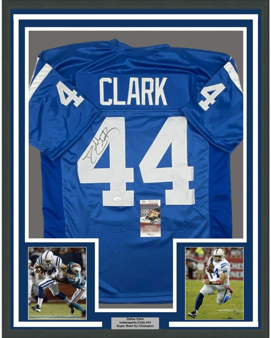 Framed Autographed/Signed Dallas Clark 35x39 Indianapolis Blue Football Jersey JSA COA