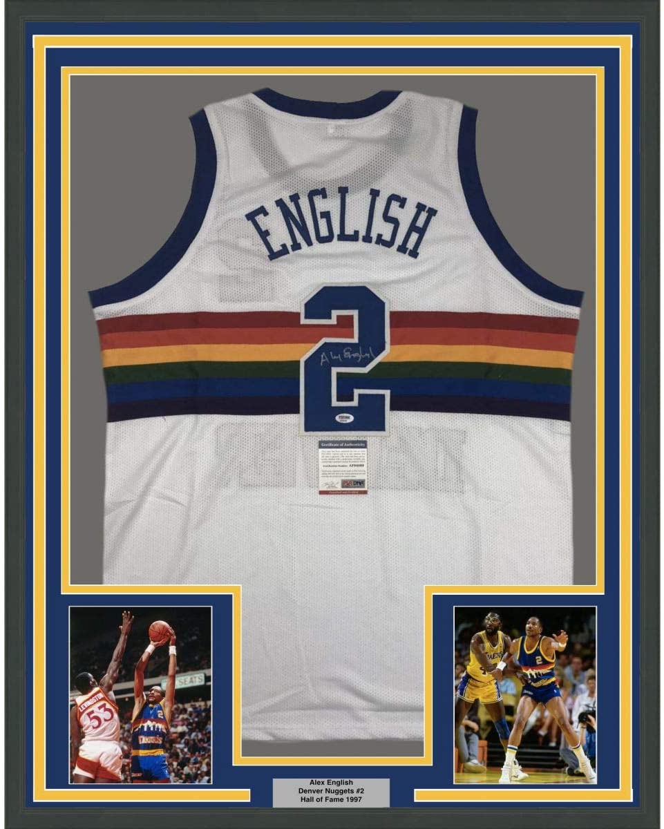 Framed Autographed/Signed Alex English 35x39 Denver White Basketball Jersey PSA/DNA COA