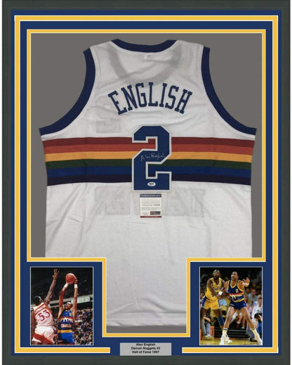 Framed Autographed/Signed Alex English 35x39 Denver White Basketball Jersey PSA/DNA COA