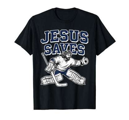 Jesus Saves Christian Hockey Goalie T-Shirt - Minimalist Print for Adults