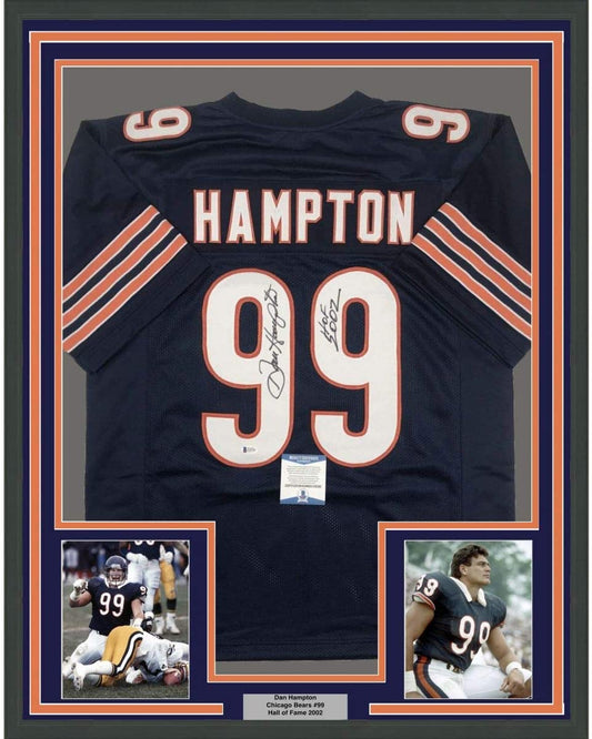 Framed Autographed/Signed Dan Hampton HOF 2002 35x39 Chicago Blue Football Jersey Beckett BAS COA