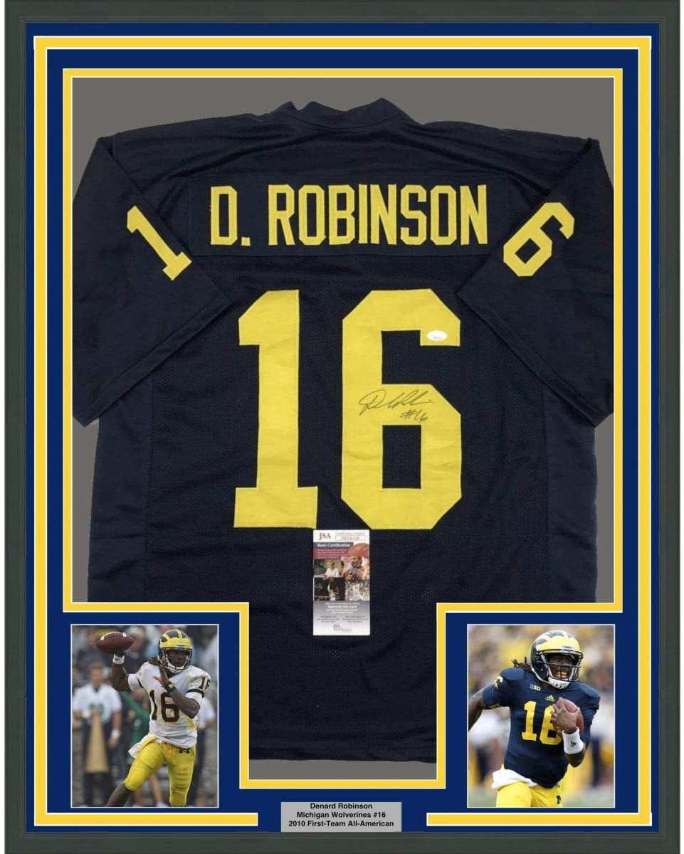 Framed Autographed/Signed Denard Robinson 35x39 Michigan Blue College Football Jersey JSA COA