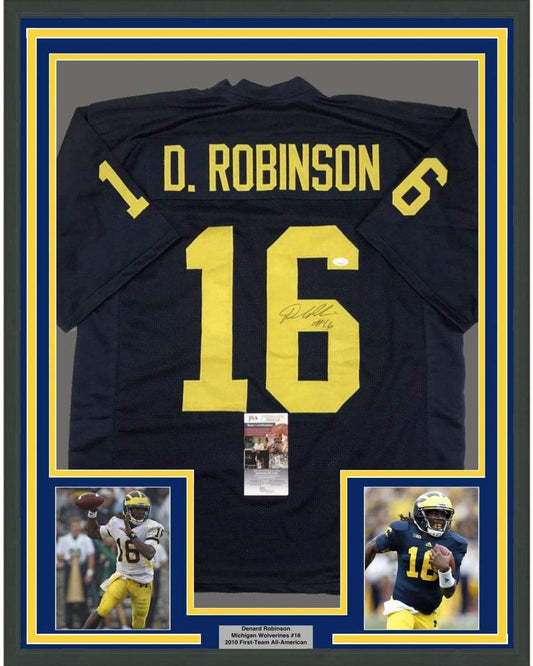 Framed Autographed/Signed Denard Robinson 35x39 Michigan Blue College Football Jersey JSA COA