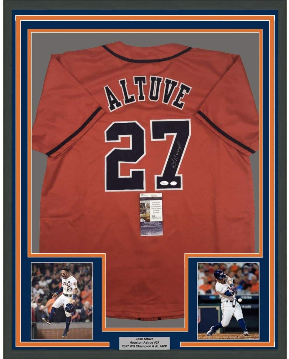 Framed Autographed/Signed Jose Altuve 35x39 Houston Orange Baseball Jersey JSA COA