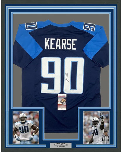 Framed Autographed/Signed Jevon Kearse 35x39 Tennessee Dark Blue Football Jersey JSA COA