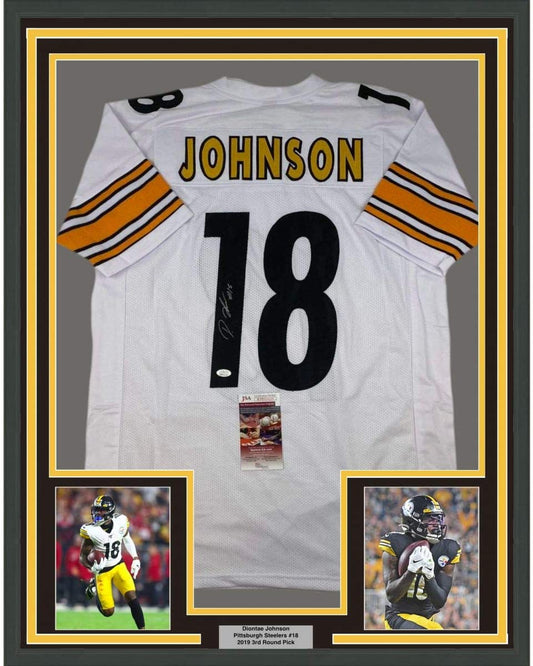 Framed Autographed/Signed Diontae Johnson 35x39 Pittsburgh White Football Jersey JSA COA