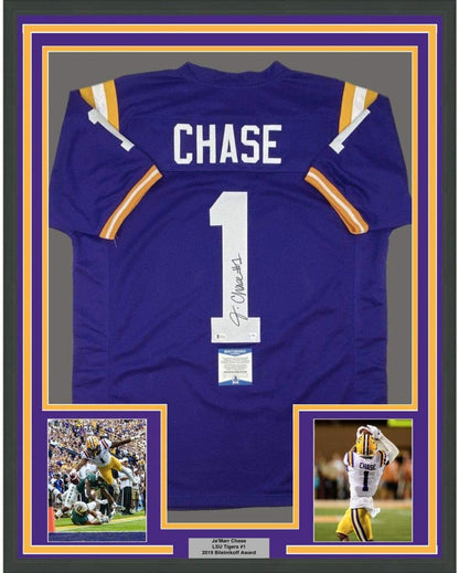 Framed Autographed/Signed Ja'Marr Chase 35x39 LSU Purple College Football Jersey Beckett BAS COA