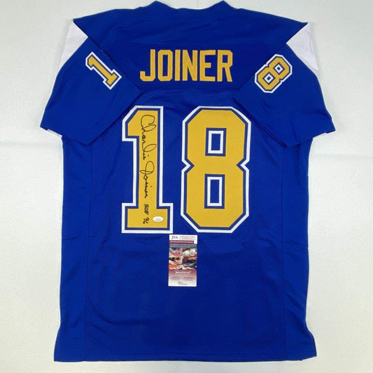 Autographed/Signed Charlie Joiner HOF 96 San Diego Royal Blue/Yellow Football Jersey JSA COA